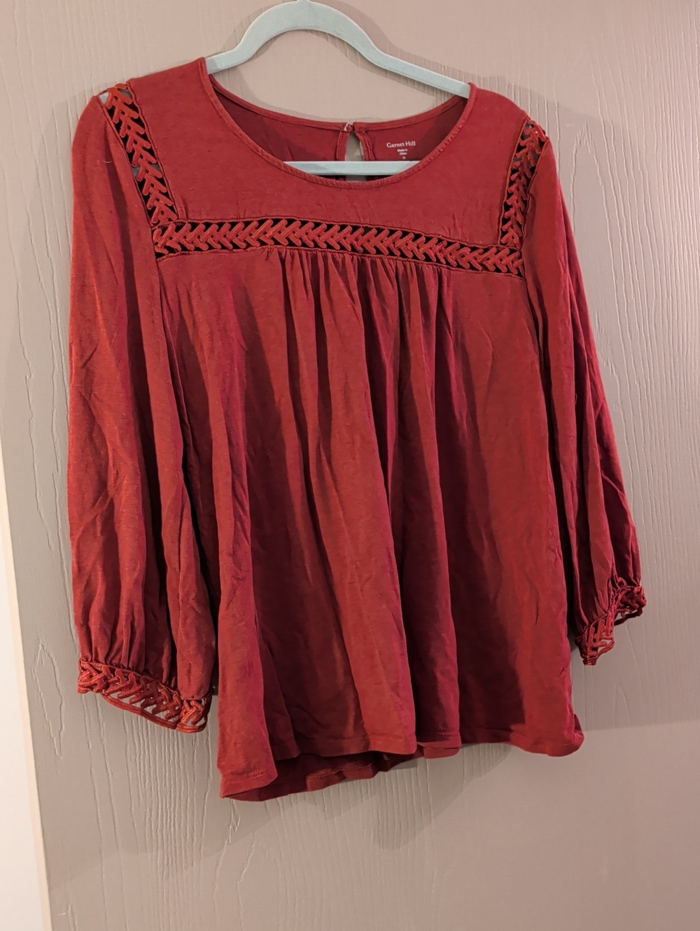 Garnet Hill Braided Yoke Brick Red Peasant Blouse